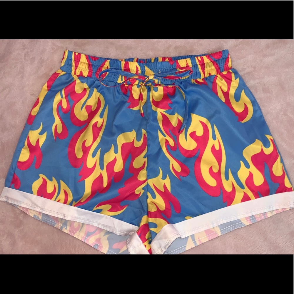blue fire print shorts